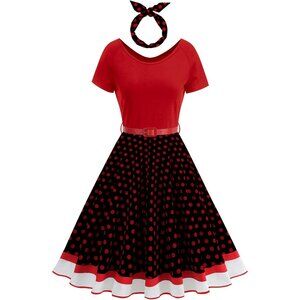 Vintage 1950s Dress Retro Polka Dot Cocktail Swing Dress with Headband